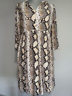 Mauve Snake-Print Long Sleeve Midi Dress in Brown and Cream